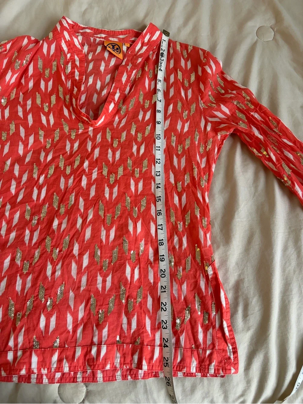 Tory Burch Coral Orange Ikat Gold Sequin Tunic Top Size 6 Long Sleeve